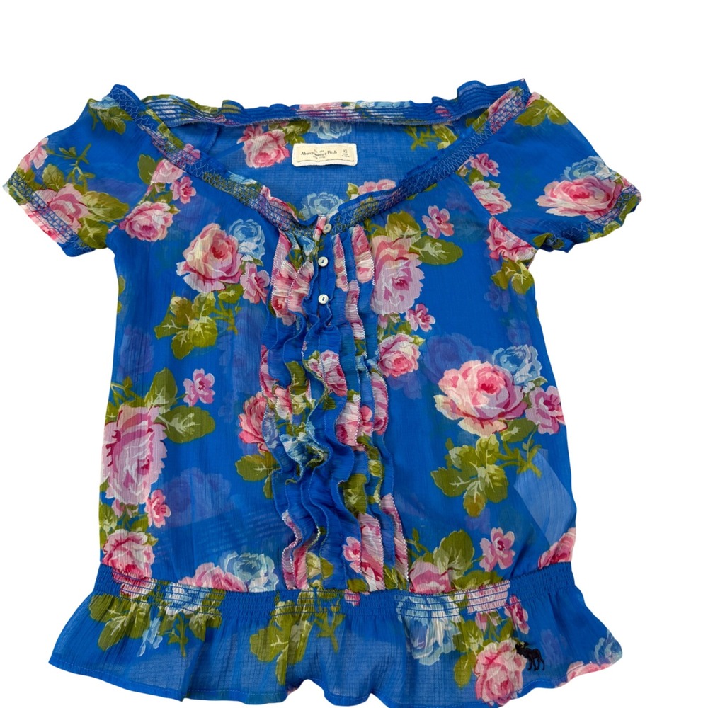 Abercrombie & Fitch Blue Floral Ruffle Peasant Top‎ XS Smocked Peplum Boho Rose